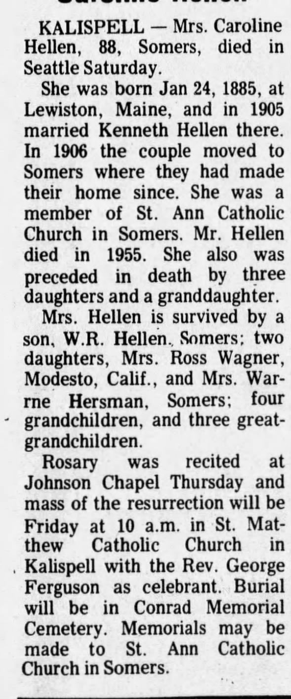 Obituary for Caroline Hellen (Aged 88)